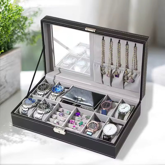 PU leather watch box by Clarify.pk with multiple compartments for watches and jewelry organizer