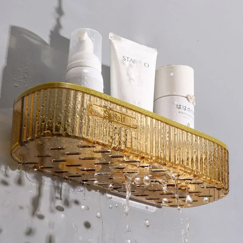 Clarify.pk plastic punch-free bathroom shelf with drainage holes holding toiletries in wet bathroom