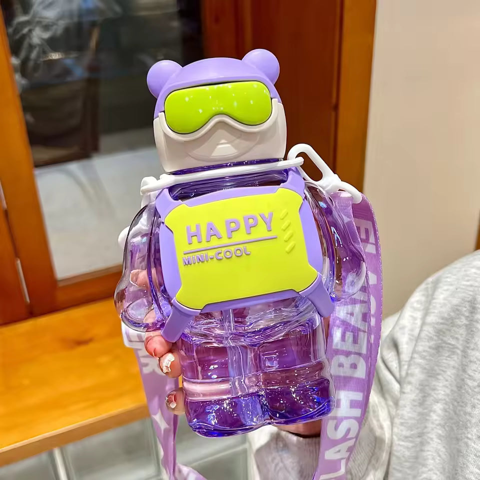 Clarify.pk 800ml Sports Water Bottle With Straw in purple bear-shaped design with yellow front panel