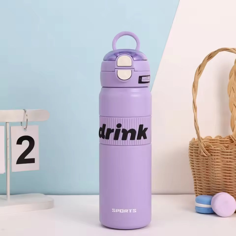 Purple stainless steel sports water bottle with flip cap and drink label from Clarify.pk
