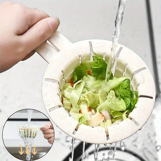 White rabbit drain basket strainer holding fresh vegetables under running water for washing