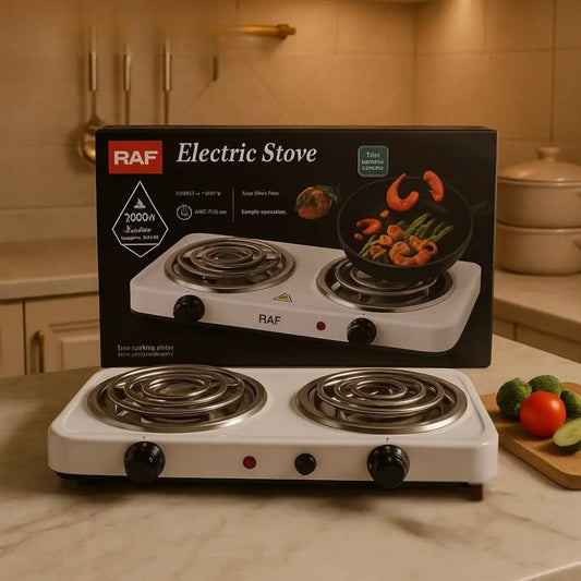 Clarify.pk double electric coil stove with two burners and temperature control knobs