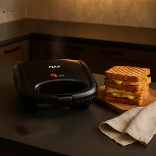 Black RAF non-stick sandwich press on kitchen counter with grilled cheese sandwiches on wooden board