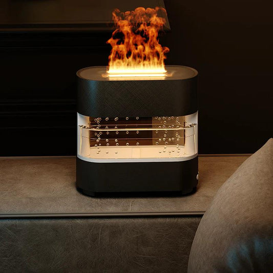 Black rain effect humidifier with water droplets and realistic flame effect on dark surface