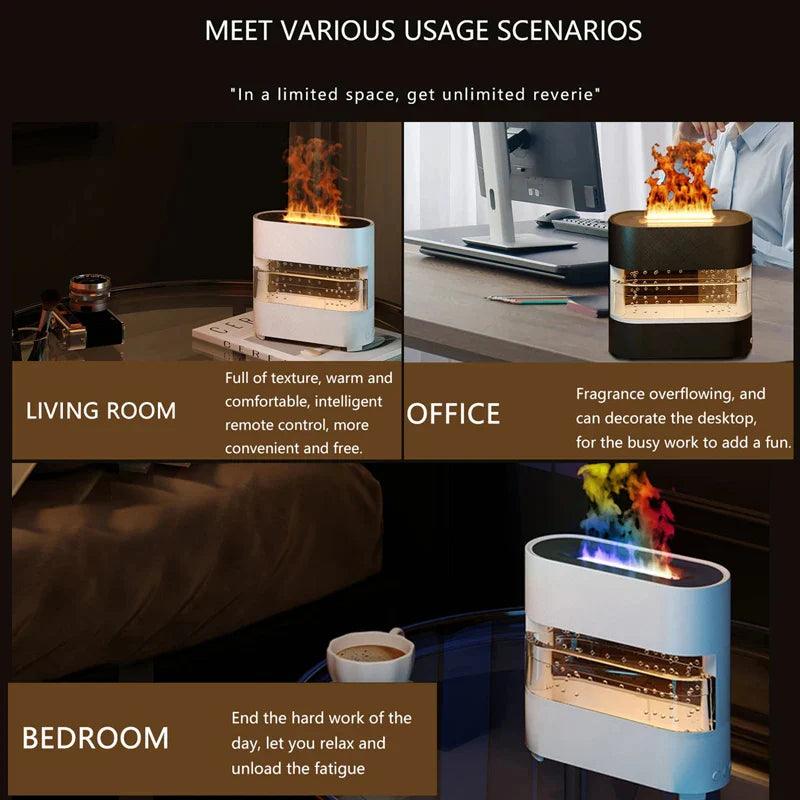 Clarify.pk rain effect humidifier shown in living room, office, and bedroom for versatile home use