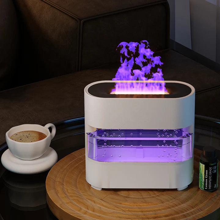 Clarify.pk rain effect humidifier with purple light mist on wooden table next to coffee cup and essential oil bottle