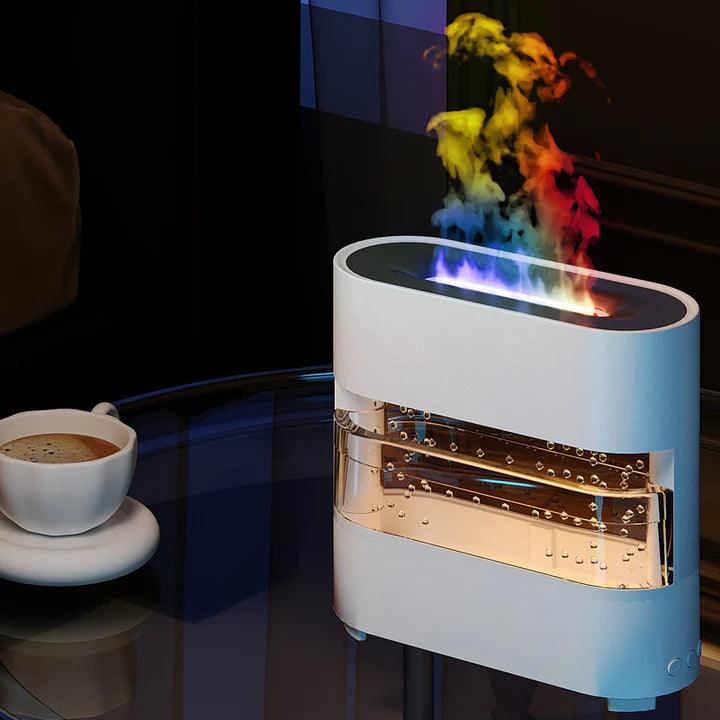 Modern white rain effect humidifier with colorful mist beside a cup of coffee on glass table