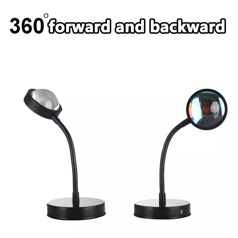 Flexible rainbow sunset lamp for home decor with 360-degree forward and backward rotation in black finish