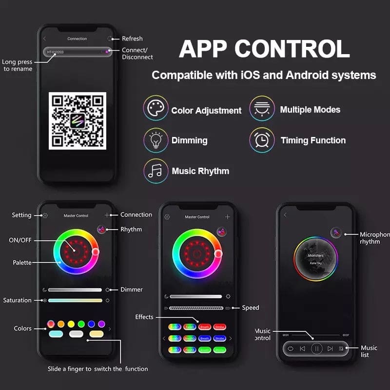 App control interface for rainbow sunset lamp for home decor with color adjustment dimming and music rhythm features