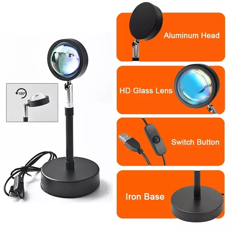 Clarify.pk rainbow sunset lamp for home decor with aluminum head HD glass lens switch button and iron base