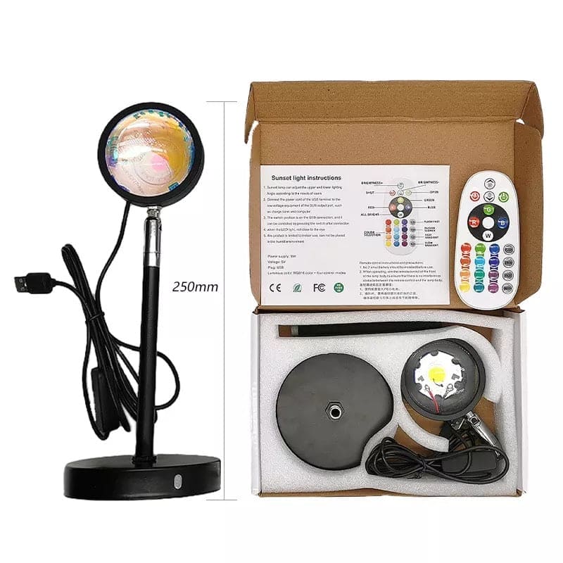 Rainbow sunset lamp for home decor with adjustable stand and remote control in packaging