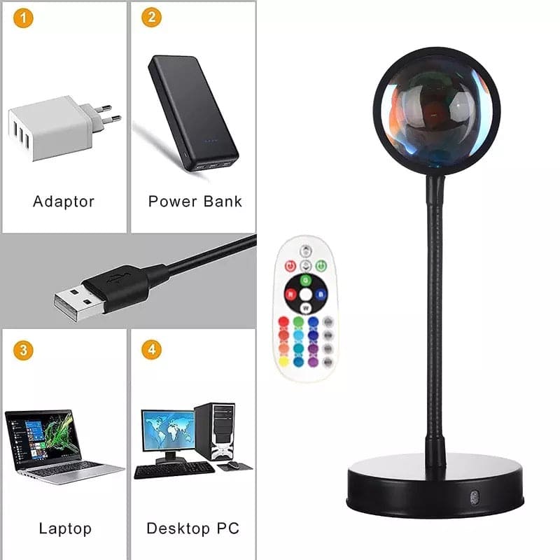 Rainbow sunset lamp for home decor with remote control and USB power options displayed