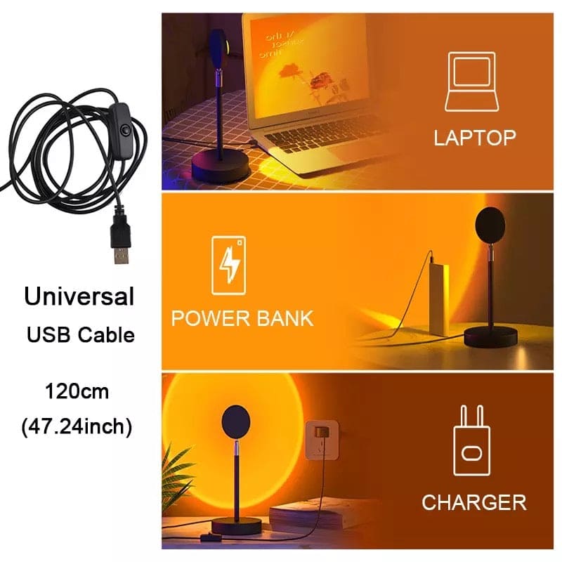 Rainbow sunset lamp for home decor with USB cable powered by laptop power bank or charger