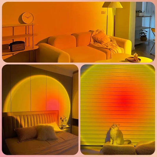 Rainbow sunset lamp for home decor projecting colorful light in living room, bedroom, and on window blinds