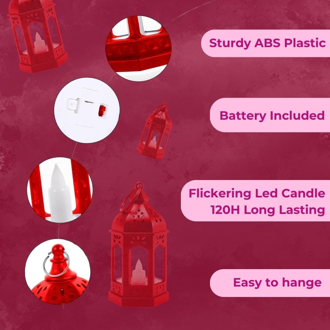 Clarify.pk red Ramadan lantern lamp made of sturdy ABS plastic with flickering LED candle and battery included