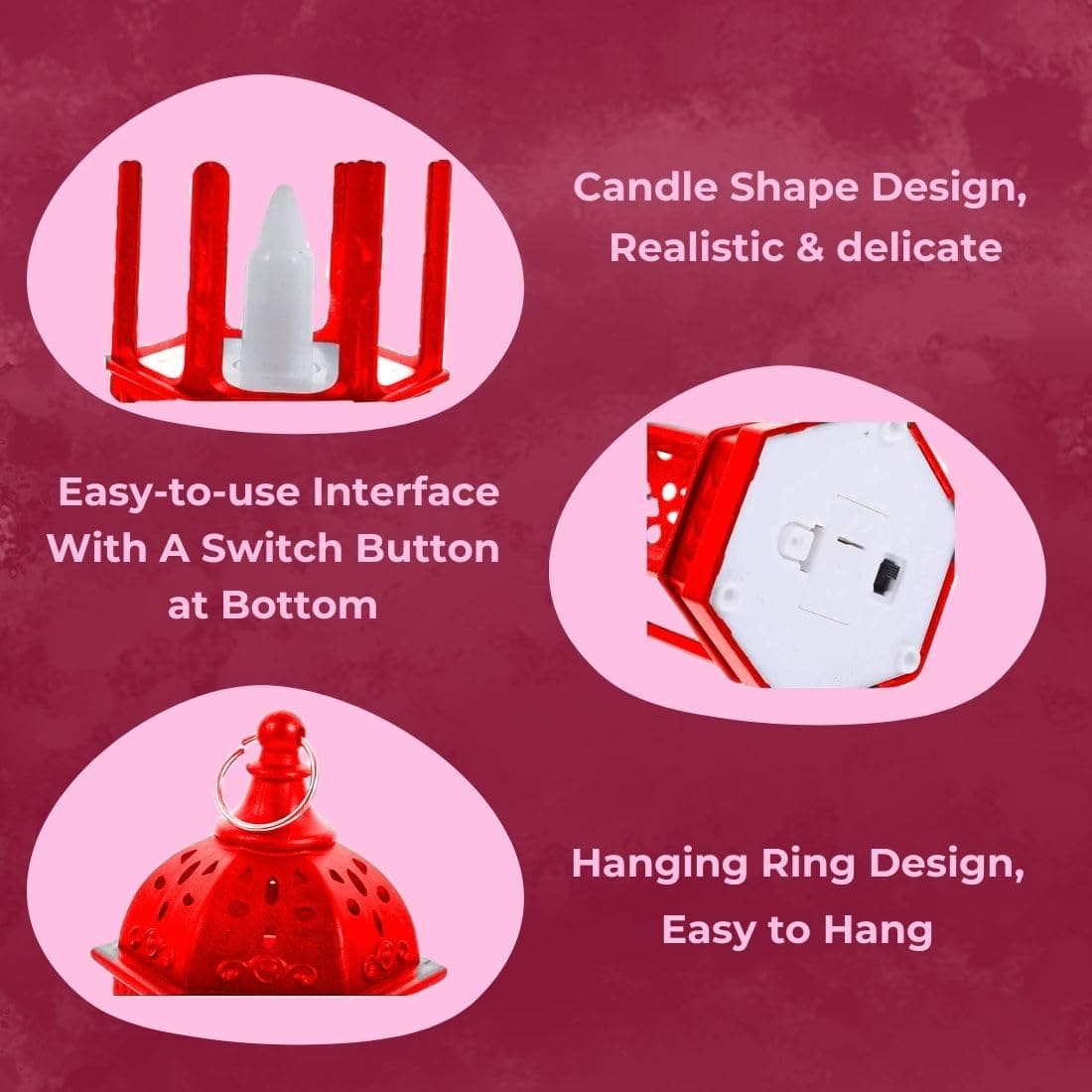 Details of Ramadan lantern lamp showing candle shape design switch button and hanging ring