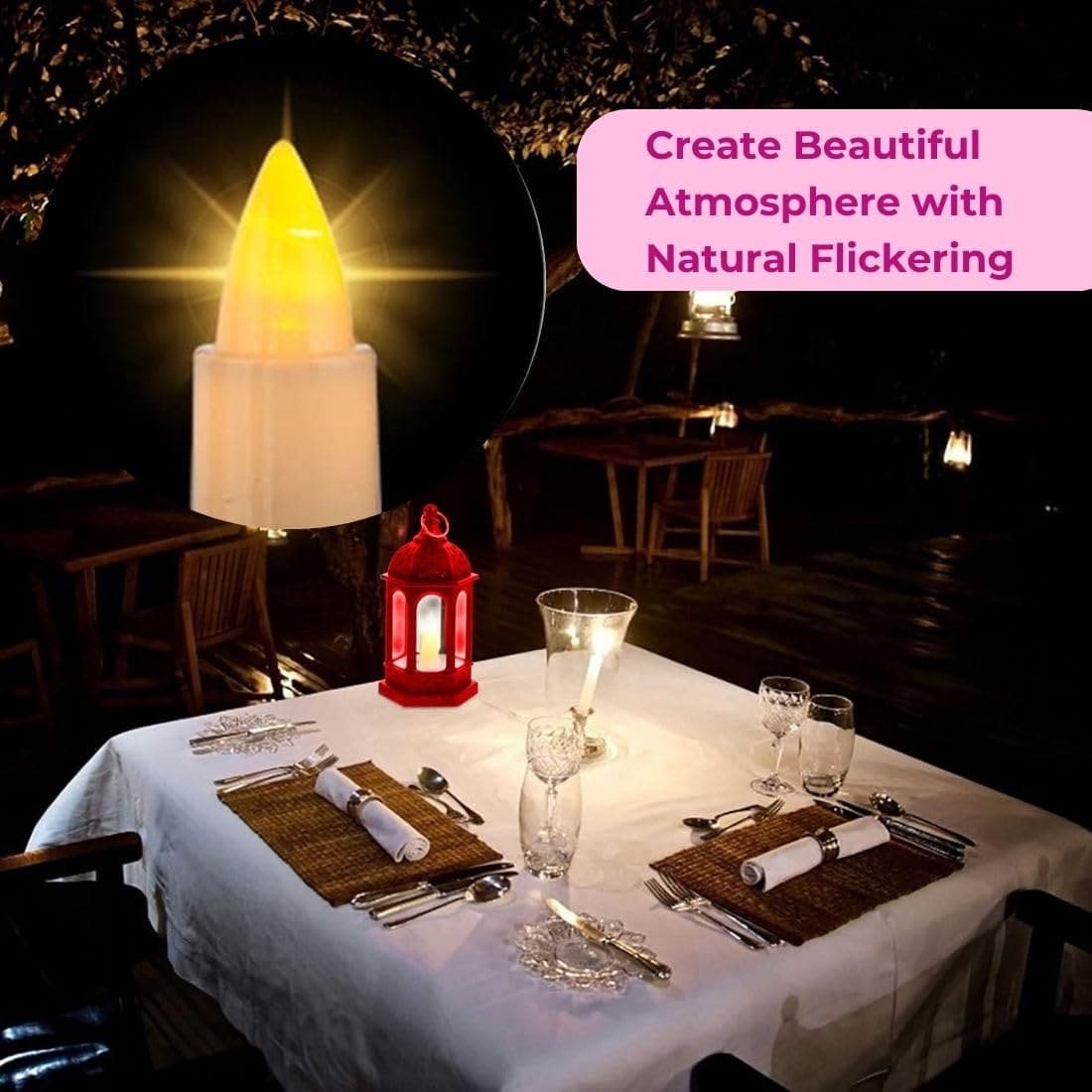 Red Ramadan lantern lamp on a dining table creating a beautiful atmosphere with natural flickering light