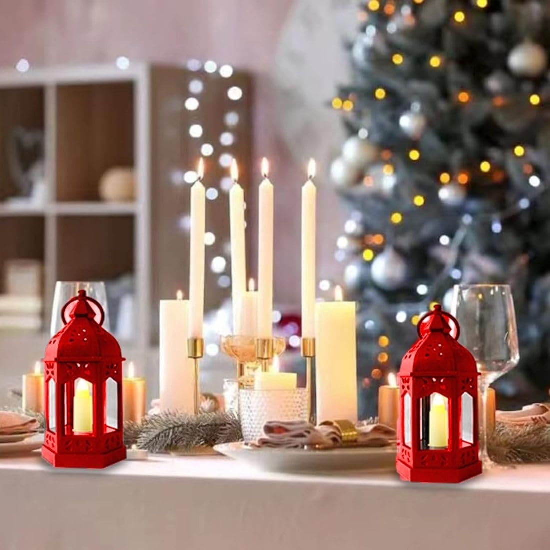 Red Ramadan lantern lamp on festive dining table with candles and Christmas tree background