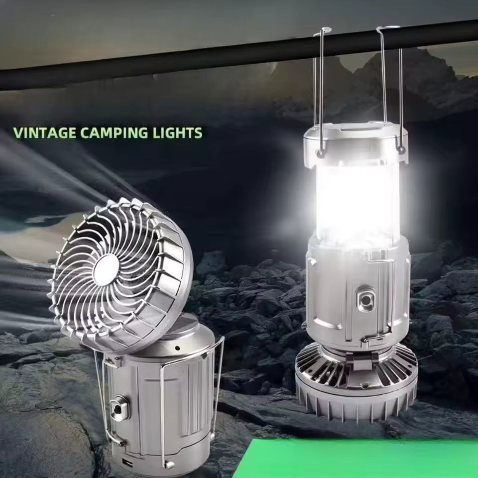 Clarify.pk rechargeable camping emergency light with vintage design and built-in fan for outdoor use