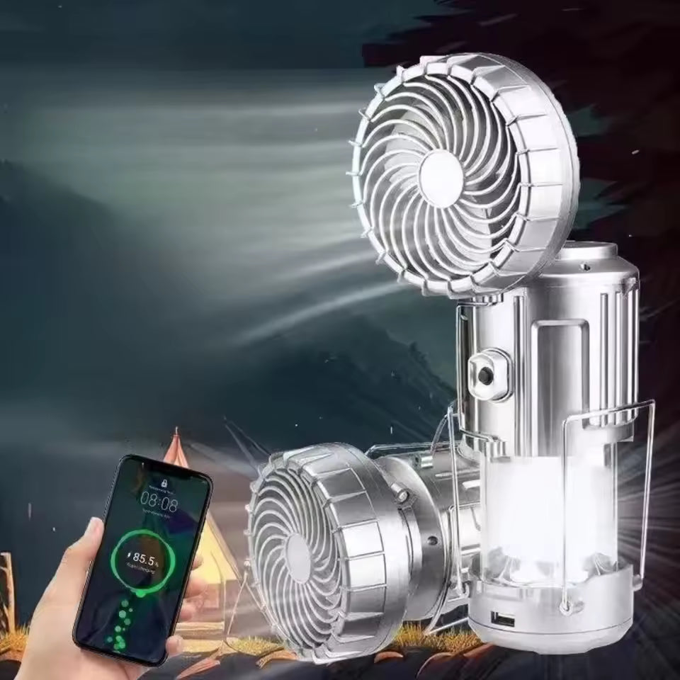 Clarify.pk rechargeable camping emergency light with dual fans and bright LED lantern for outdoor use