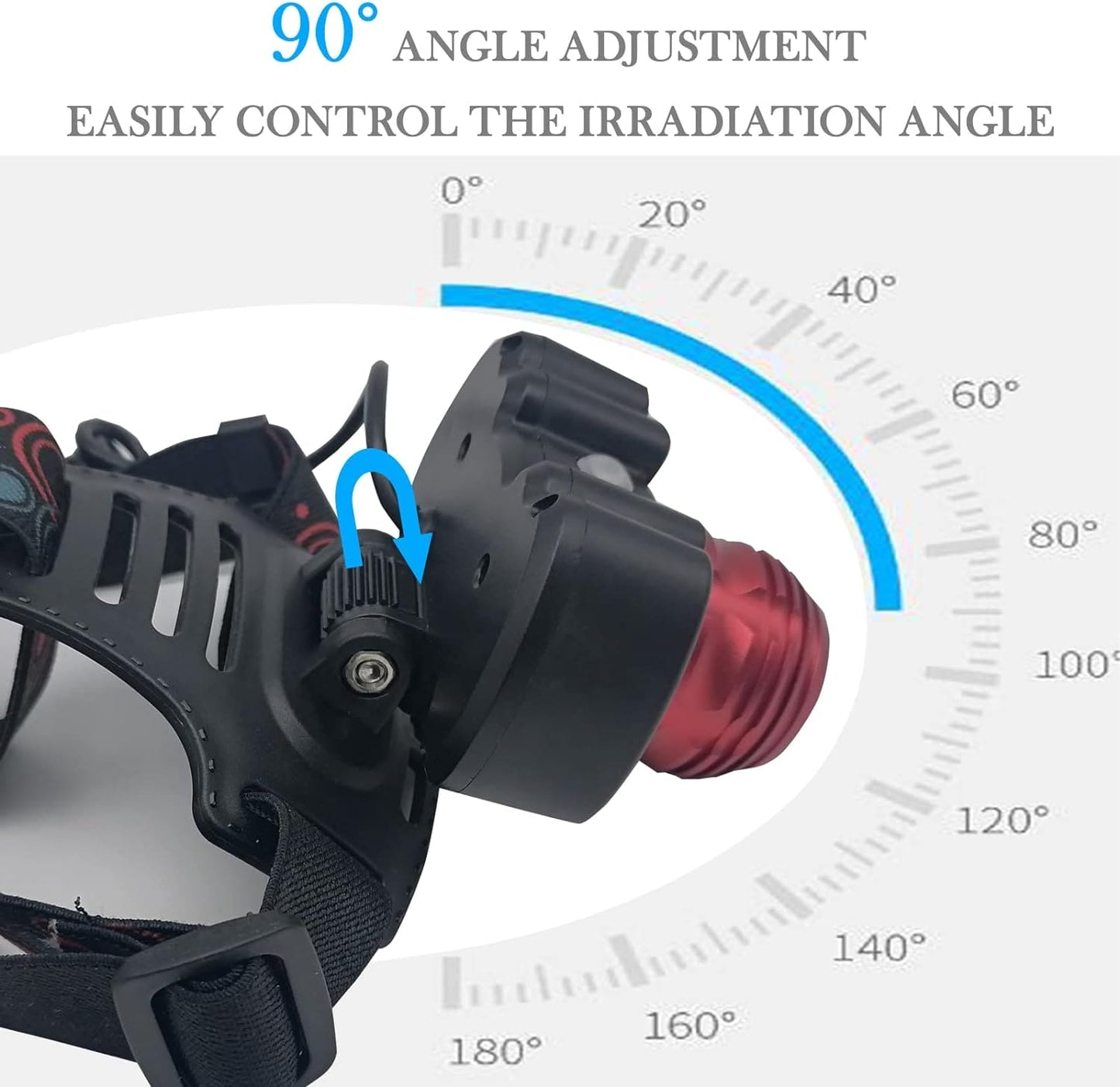 Rechargeable LED headlamp with adjustable 90 degree angle and secure black strap by Clarify pk