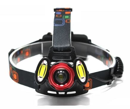 Rechargeable LED headlamp with adjustable black strap and multiple LED lights for hands-free use
