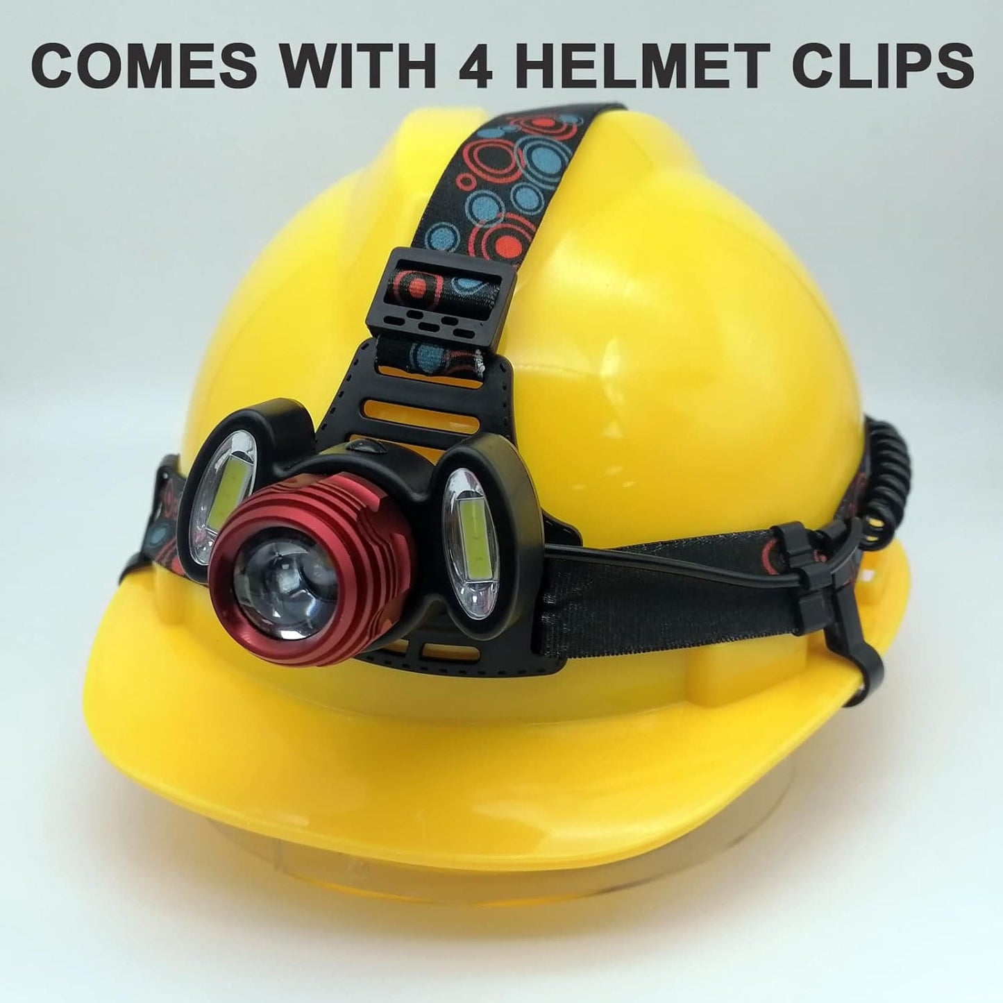 Rechargeable LED headlamp attached to a yellow safety helmet with adjustable straps and helmet clips