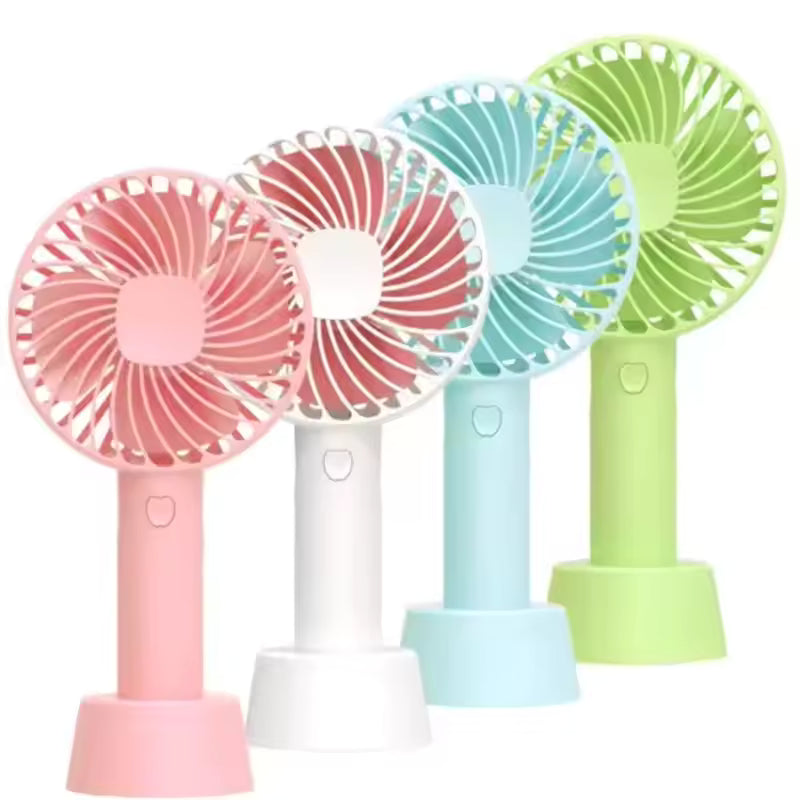 Rechargeable mini portable fan in pink white blue and green colors with stand base