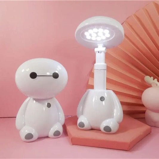 Rechargeable study lamp with eye protection designed as a cute white robot figure on a pink background