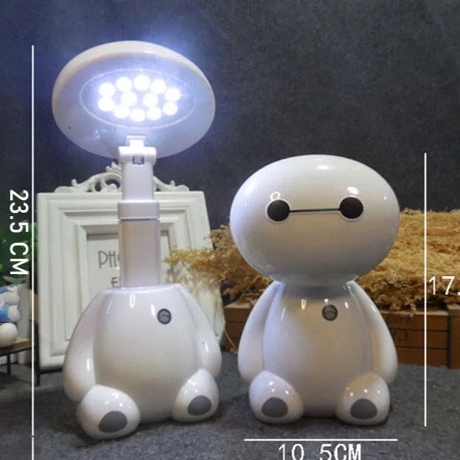 Rechargeable study lamp with eye protection featuring a cute robot design with adjustable light height