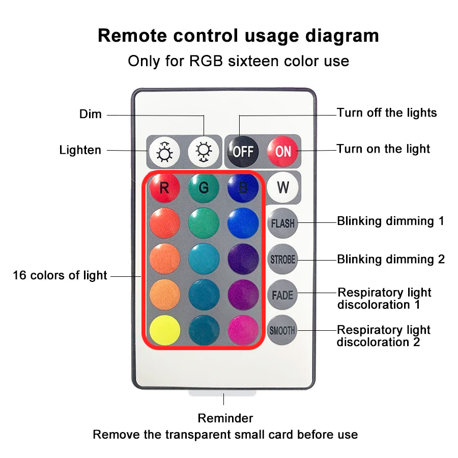 Remote control for 16 color night lamp with color buttons and light dimming options