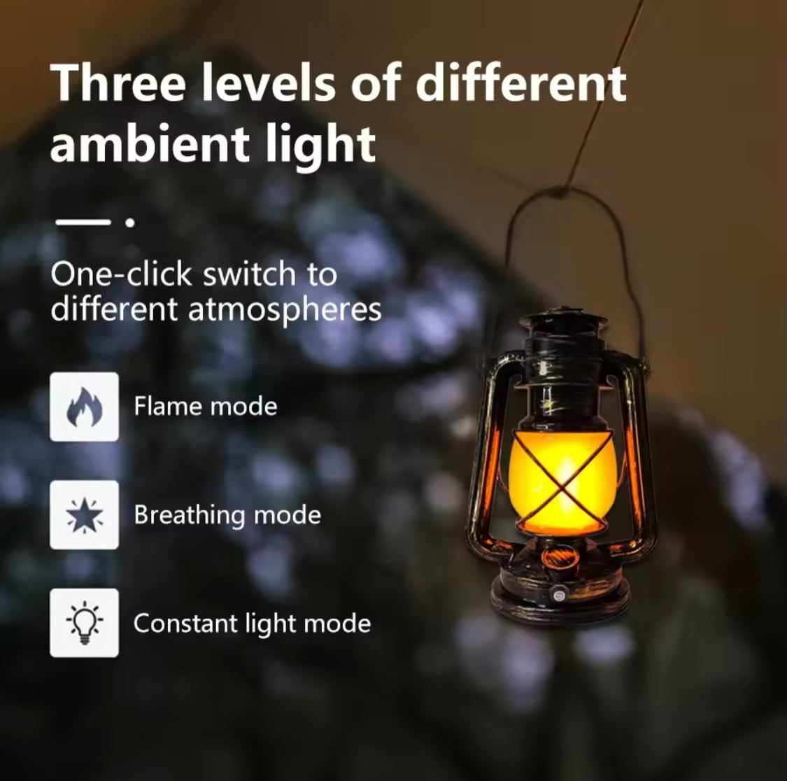 Retro portable lantern rechargeable with three ambient light modes including flame breathing and constant light