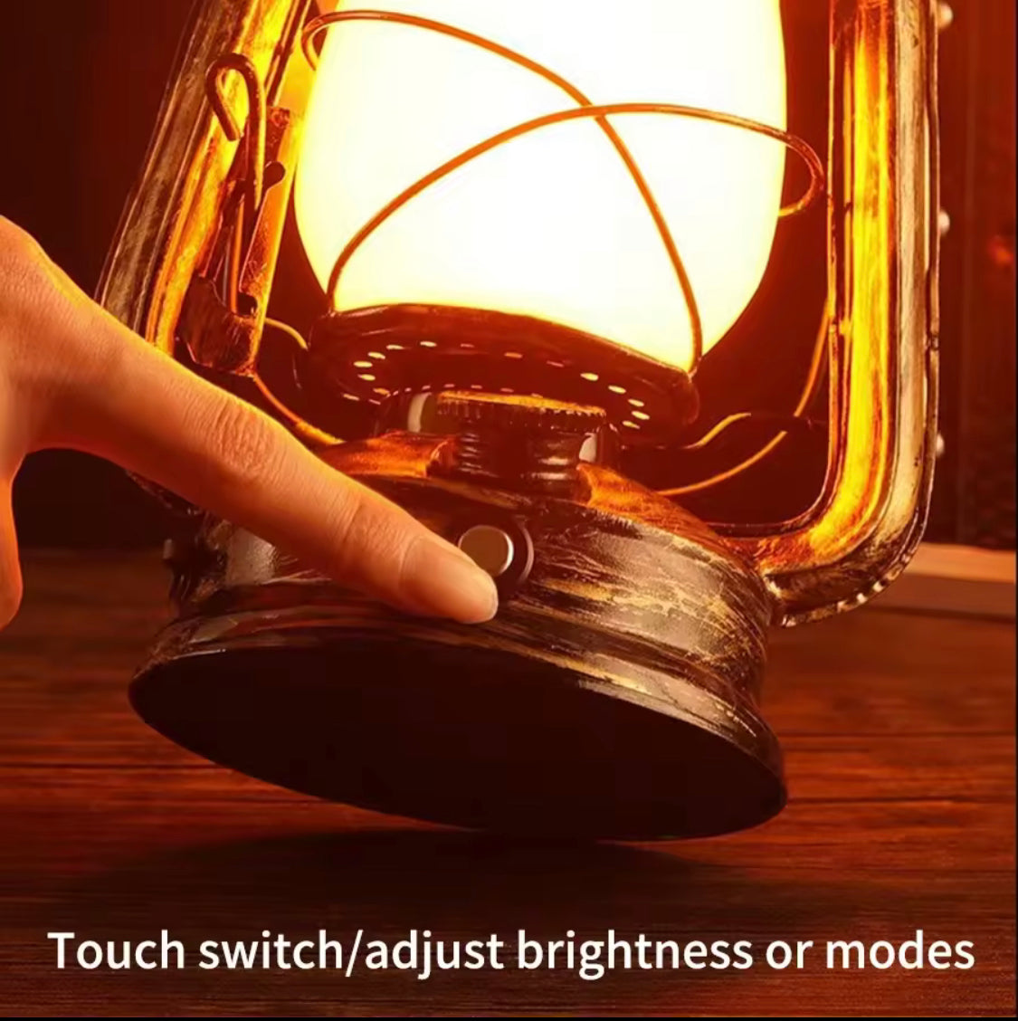 Retro portable lantern rechargeable with touch switch to adjust brightness or modes in warm glow