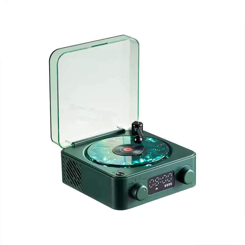 Clarify.pk retro turntable Bluetooth speaker in green with transparent lid and digital display