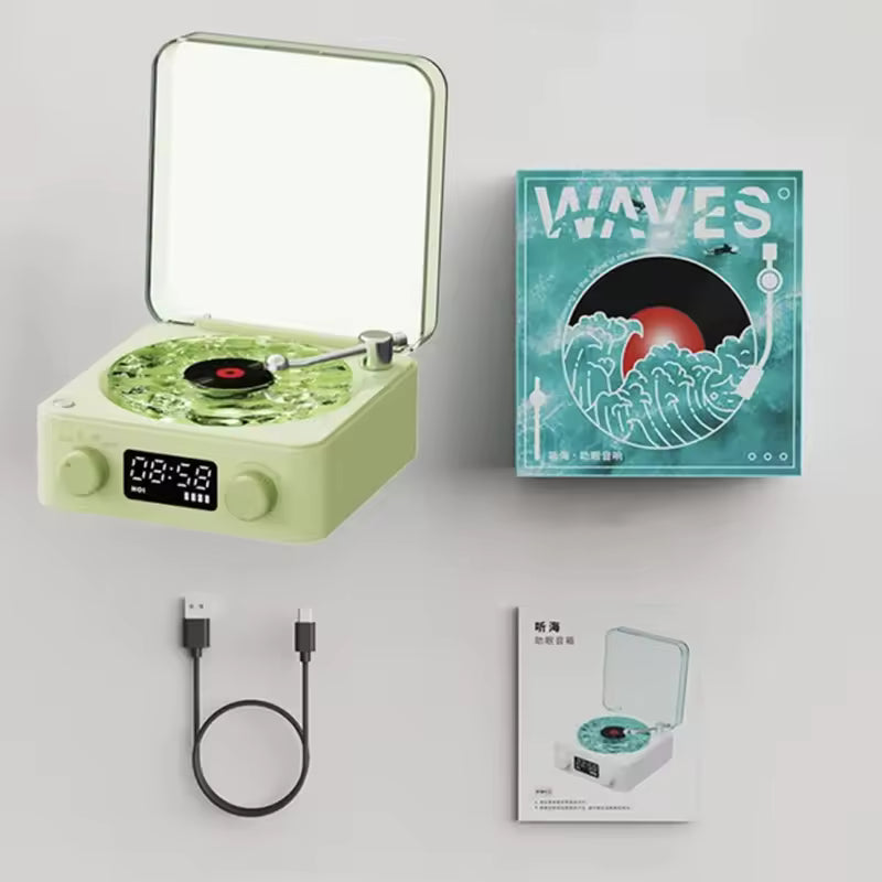 Clarify.pk retro turntable Bluetooth speaker in light green with digital display and accessories