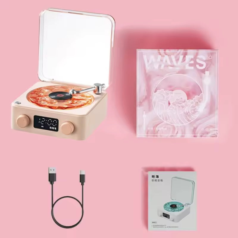 Clarify.pk retro turntable Bluetooth speaker with clear lid and pizza design on platter