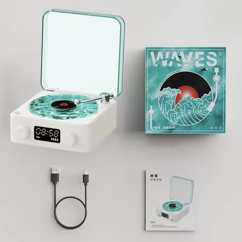 Clarify.pk retro turntable Bluetooth speaker in white with digital display and matching box with waves design