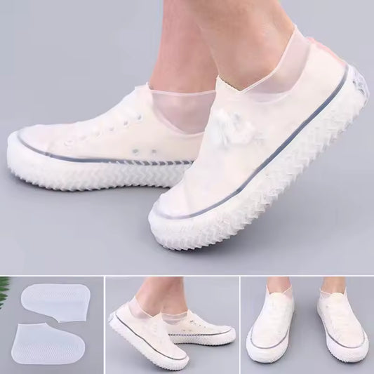 Clarify.pk reusable waterproof shoe covers in white with textured soles, shown worn and flat