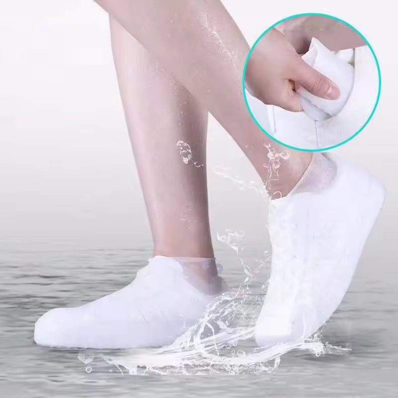 Clarify.pk reusable waterproof shoe covers protecting feet from water splashes in white