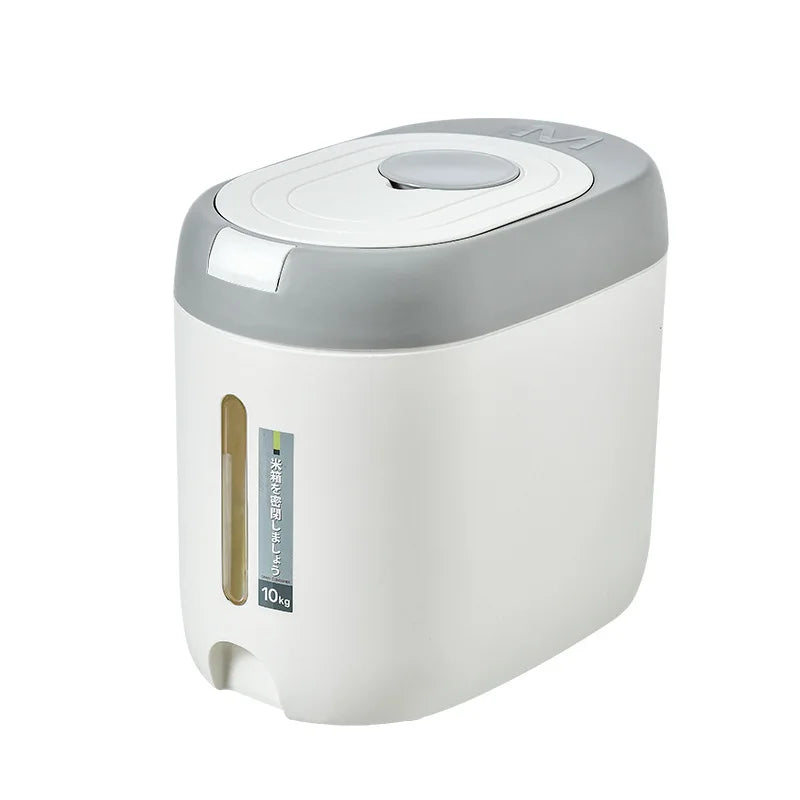 Clarify.pk white and gray rice storage container with airtight lid holding up to 10 kilograms