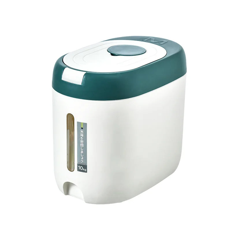 Clarify.pk rice storage container with airtight lid in white and green for kitchen use