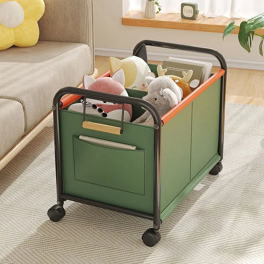Clarify.pk rolling storage cart with wheels in green holding toys and books in a living room