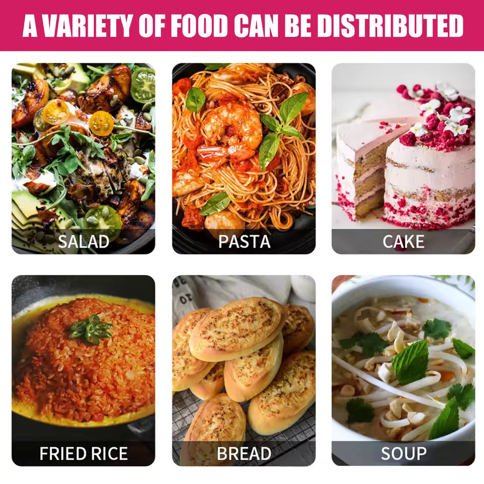 Clarify.pk 6 piece dinnerware set with case displaying variety of food including salad pasta cake fried rice bread and soup