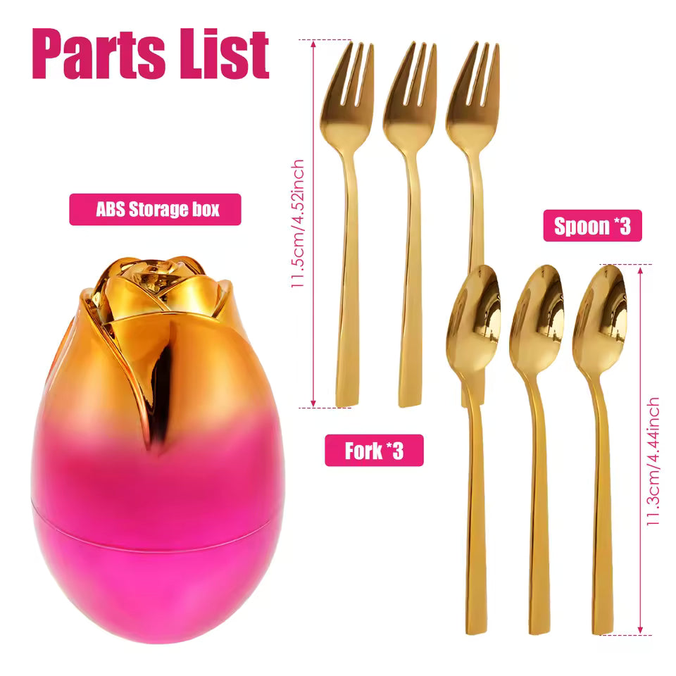 6 piece dinnerware set with case including gold forks and spoons with pink and gold ABS storage box