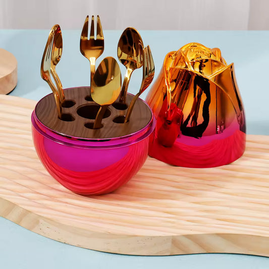 6 piece dinnerware set with case in metallic gold and pink holder by Clarify.pk
