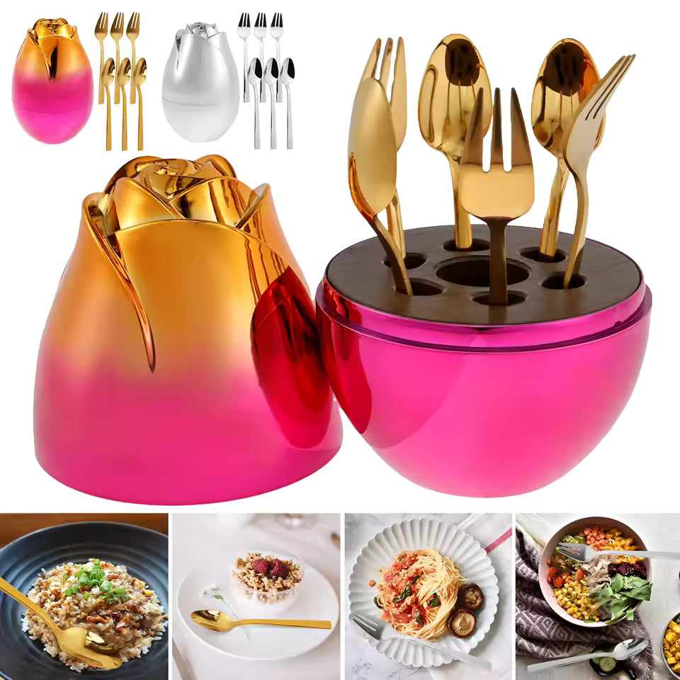 6 piece dinnerware set with case featuring gold and silver cutlery in rose-shaped pink and silver holders