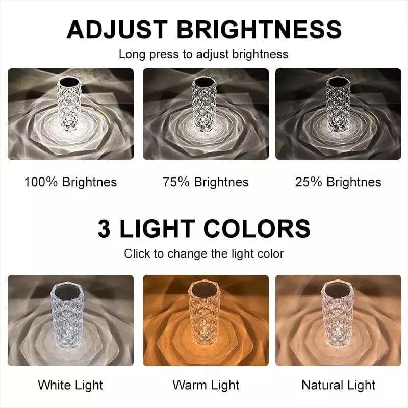 Rose crystal rechargeable lamp showing adjustable brightness levels and three light color options