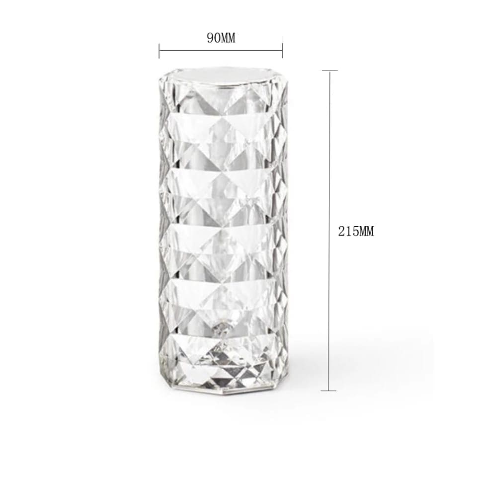 Clear rose crystal rechargeable lamp with diamond cut pattern and cylindrical shape measuring 215mm by 90mm