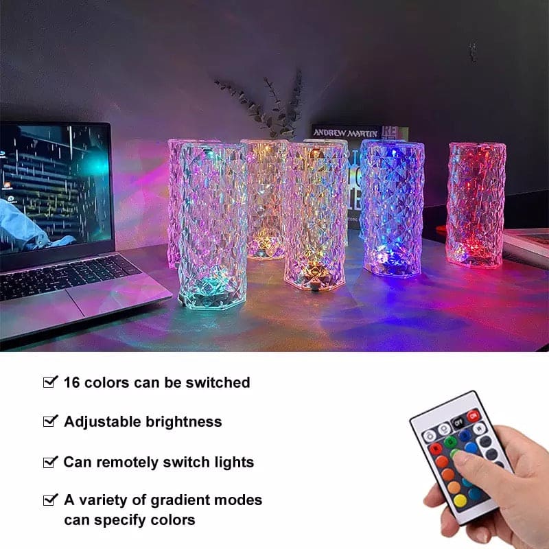 Rose crystal rechargeable lamp with 16 color options and remote control for adjustable brightness