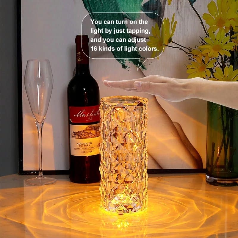 Clarify.pk rose crystal rechargeable lamp with tap control and 16 adjustable light colors on a table